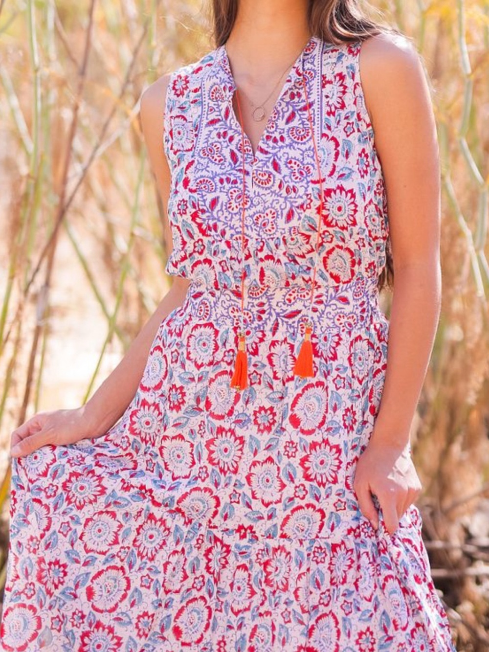 Bell by Alicia Bell Cotton Silk Floral Tassel Midi Dress Size S